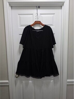 Shop Basic Black Tiered Dress with Eyelet Hem, Size Large